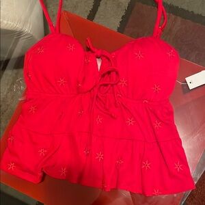 Red Women's Top with Star Embroidery